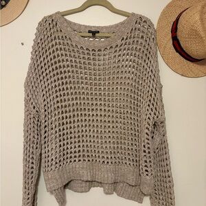 Express Open-Knit Crewneck Sweater in Taupe Beige